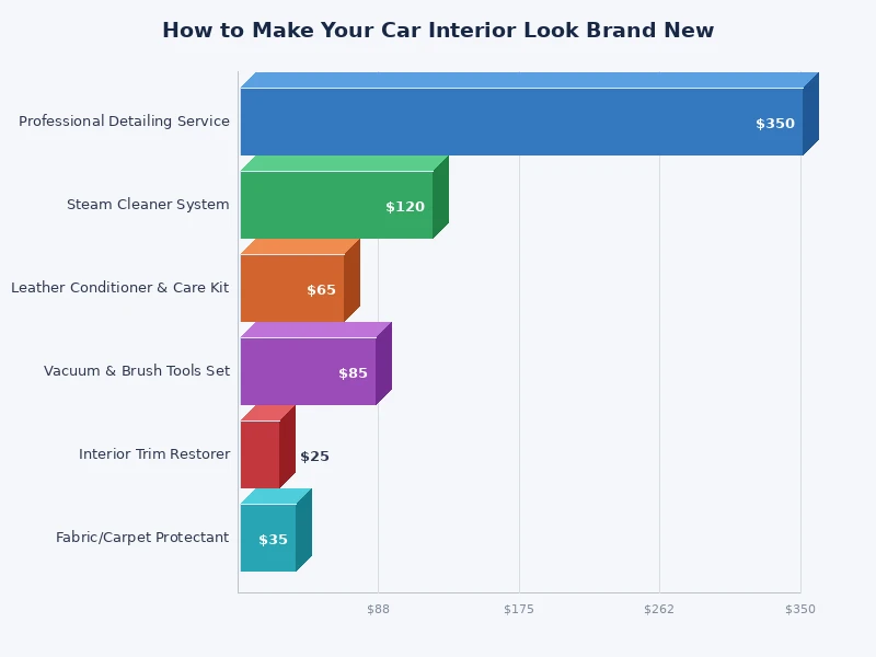 Chart comparing time and effort for each interior detailing step when making car interior look new