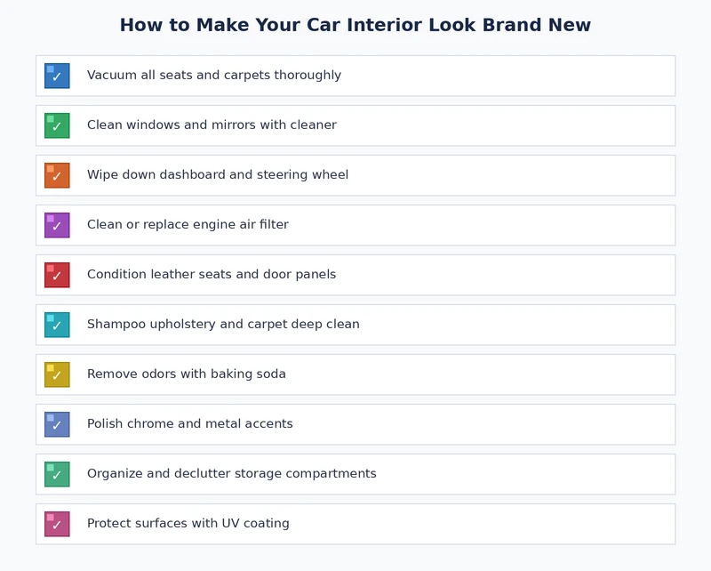 Car interior detailing checklist showing all steps to make car interior look new