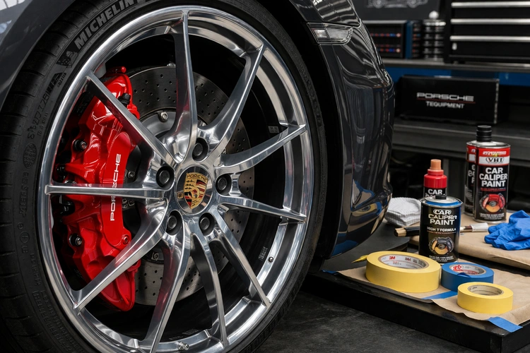 Bright red freshly painted brake calipers visible through the spokes of a polished alloy wheel on a sports car. Masking tape and caliper paint supplies are arranged on a workbench in the background.