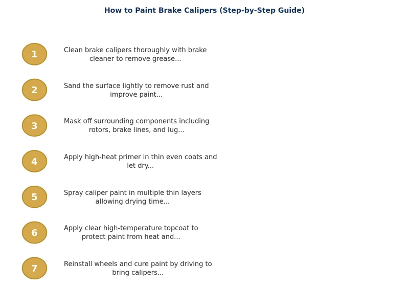 step by step process diagram for how to paint brake calipers showing prep clean mask paint cure stages