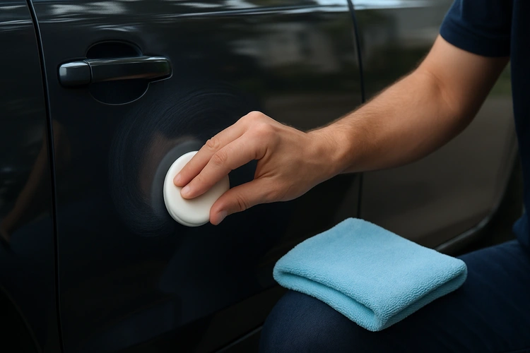 how to polish a car by hand using a microfiber applicator pad on dark blue paint