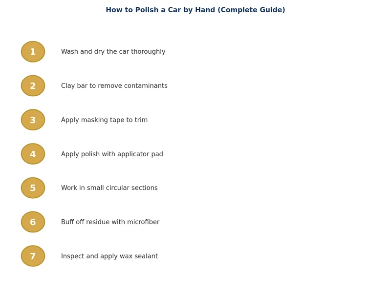 step-by-step process diagram for how to polish a car by hand from prep to wax