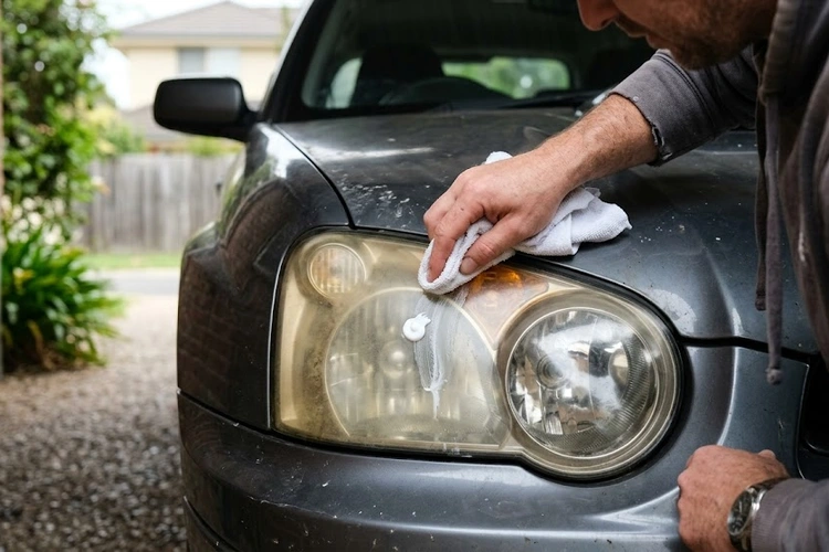 Polishing oxidized headlights with toothpaste using a microfiber cloth