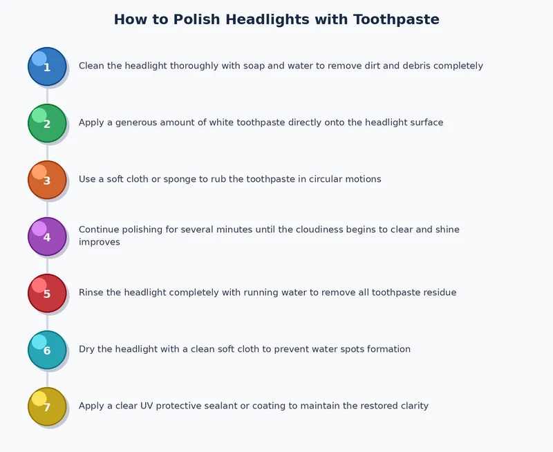 Step-by-step process diagram for polishing headlights with toothpaste showing six stages