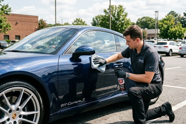 Detailing supplies laid out on a clean garage floor for preparing a car for sale