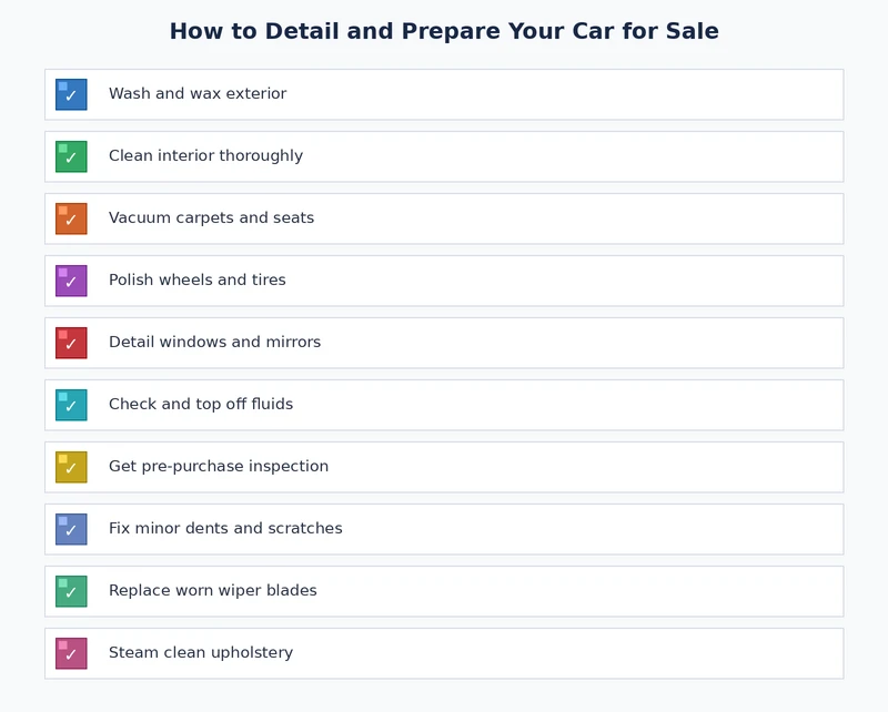 Pre-sale car detailing checklist covering exterior, interior, and mechanical presentation steps