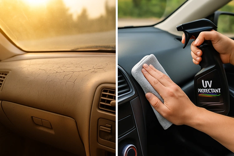 Car interior dashboard showing UV damage fading and cracking — how to protect car interior from UV damage