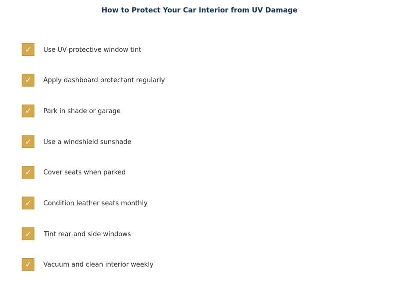 Checklist for protecting car interior from UV damage — sunshade, tint, conditioner, parking habits