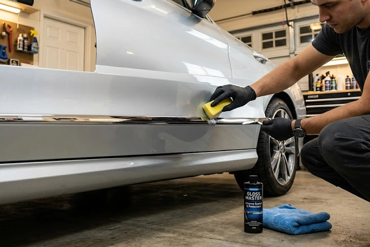 how to protect chrome trim car — detailer applying sealant to door handle chrome