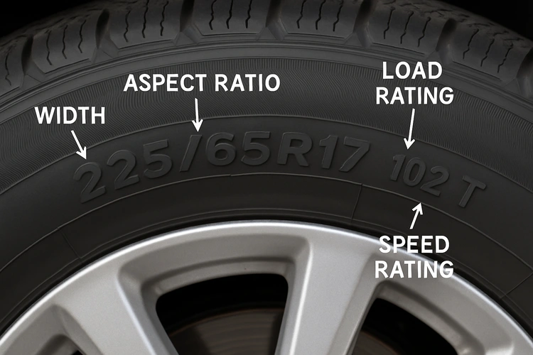 Close-up of tire sidewall showing how to read tire numbers and markings