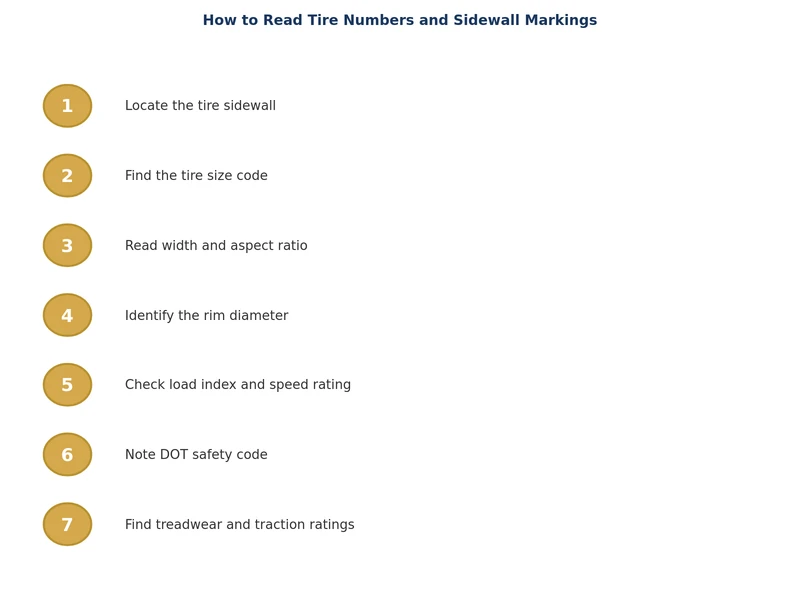Step-by-step process diagram for reading tire numbers and sidewall markings
