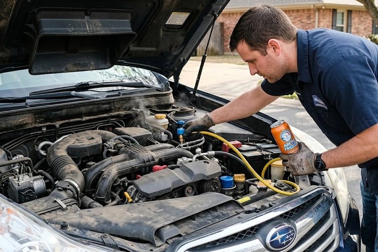 How to recharge car ac system using an R-134a refrigerant canister with pressure gauge connected to the low-pressure service port
