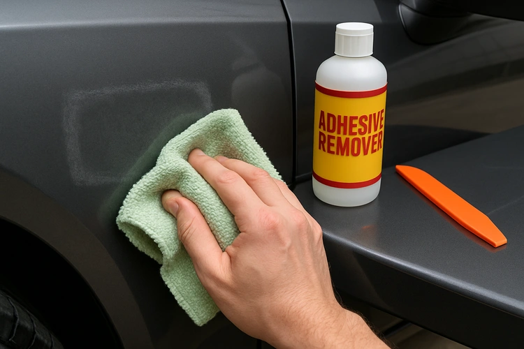 removing adhesive sticker residue from car paint safely with solvent and microfiber cloth