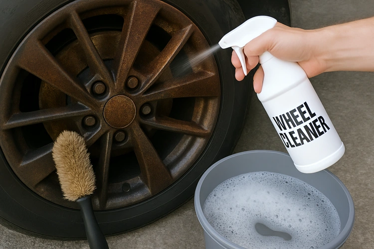 removing brake dust from dark alloy wheels with a wheel brush and foam cleaner