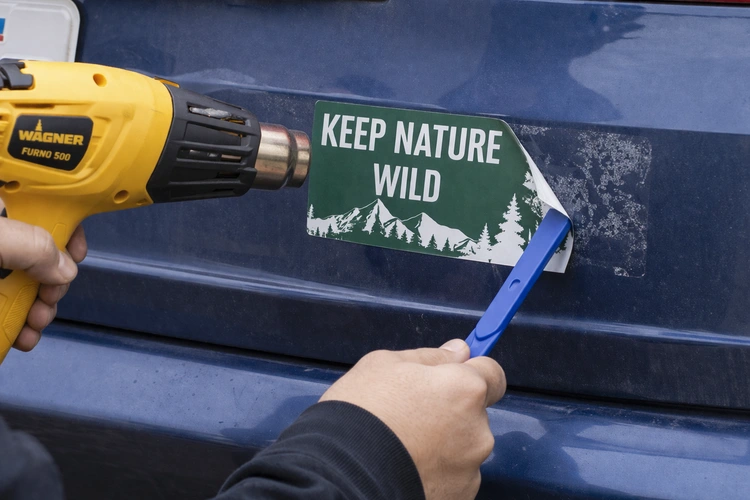 A person using a heat gun to warm a bumper sticker on the rear of a car while a plastic pry tool lifts one corner. Adhesive residue is visible on the painted surface where the sticker has been partially removed.