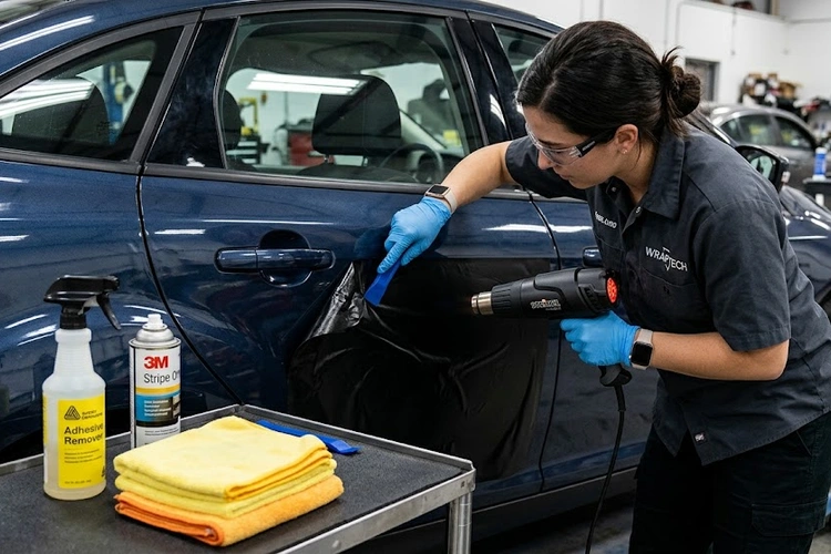 A person using a heat gun to warm up a vinyl car decal on a door panel while carefully lifting a corner with a plastic trim removal tool. Adhesive remover spray and clean microfiber cloths are nearby.