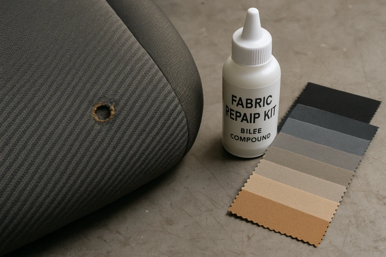 how to fix cigarette burns in car seats — closeup of burned fabric car seat with repair tools nearby