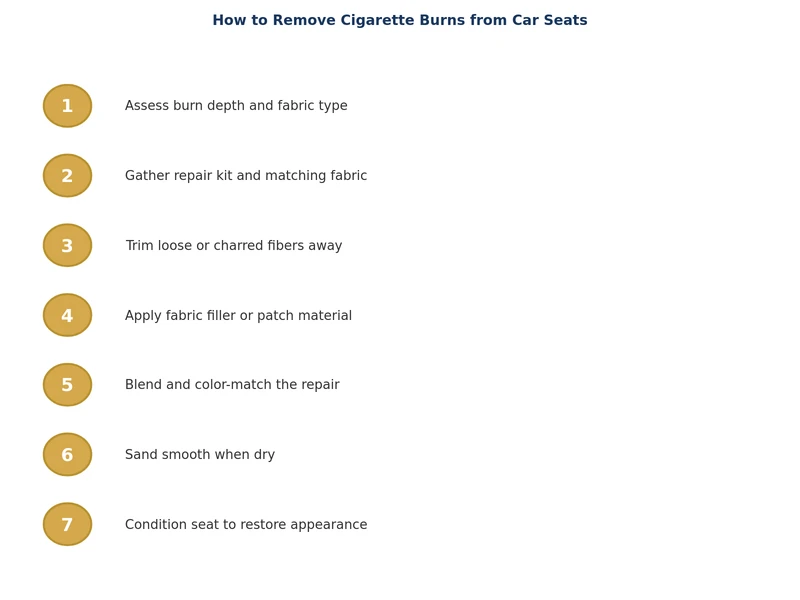 step-by-step process diagram showing how to fix cigarette burns in car seats for fabric and leather