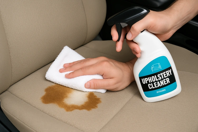 removing coffee stains from car seats with a microfiber cloth and cleaning solution
