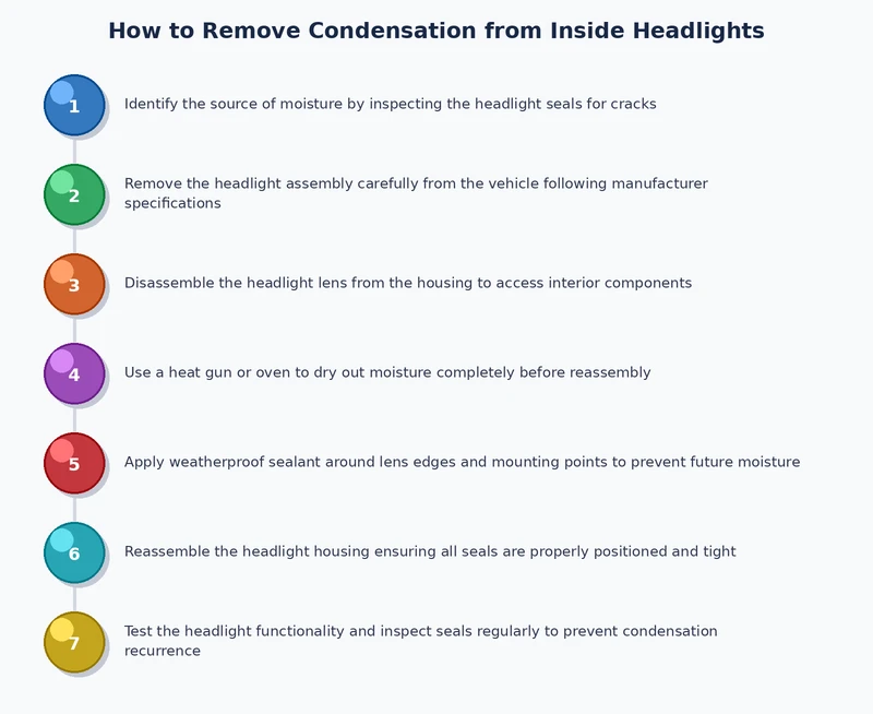 step by step process diagram for removing condensation from inside headlights