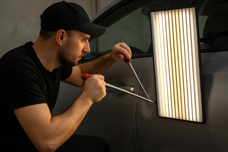 how to remove dents from car using a dent puller tool on a vehicle door panel