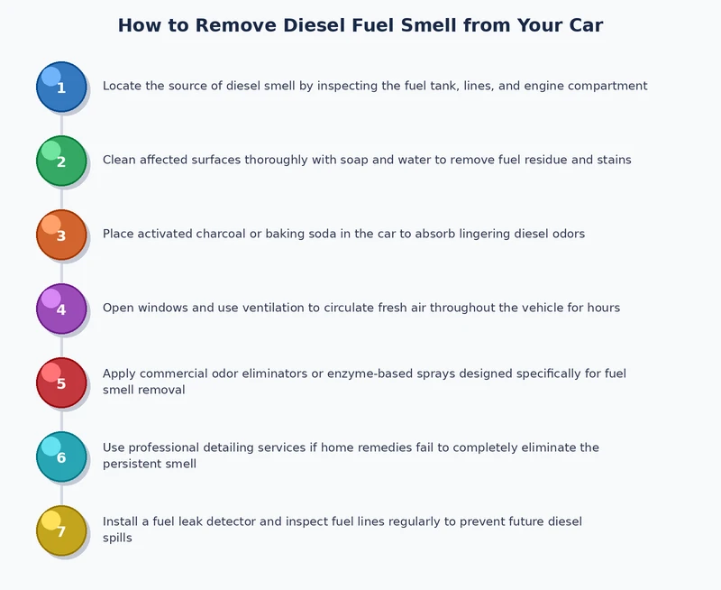 Step-by-step process diagram for removing diesel smell from car interior surfaces