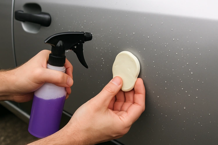 Dried paint overspray dots on car hood showing how to remove dried paint from car