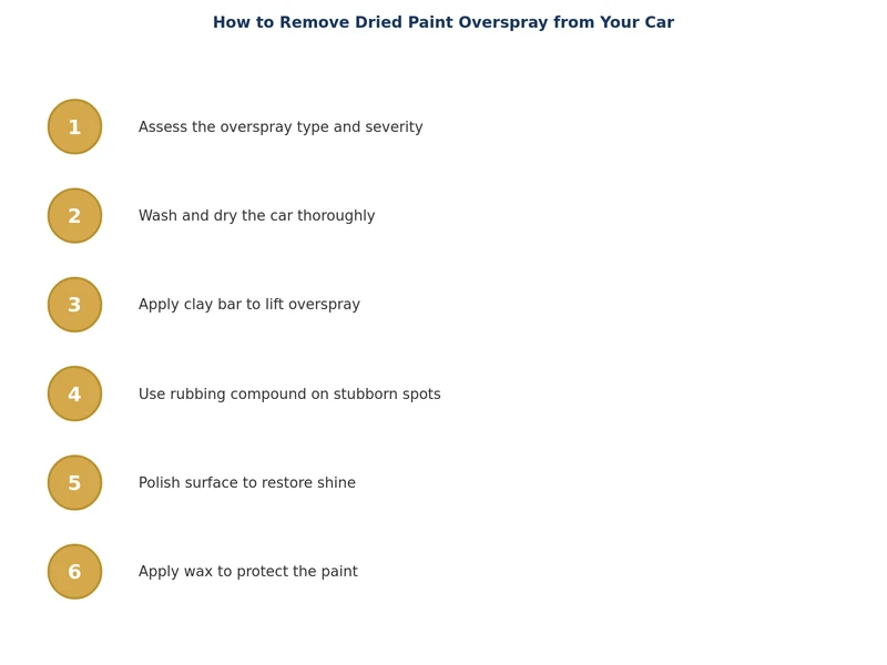 Step-by-step process diagram for removing dried paint overspray from a car surface