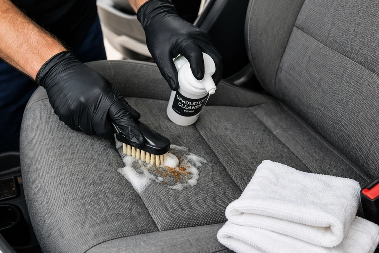 A person applying upholstery cleaner foam to a stubborn food stain on a gray fabric car seat, scrubbing gently with a soft-bristle brush. Clean white microfiber towels are laid nearby.