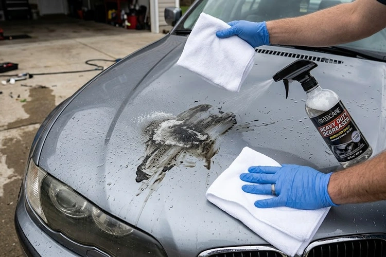 applying degreaser to car paint panel to remove grease contamination