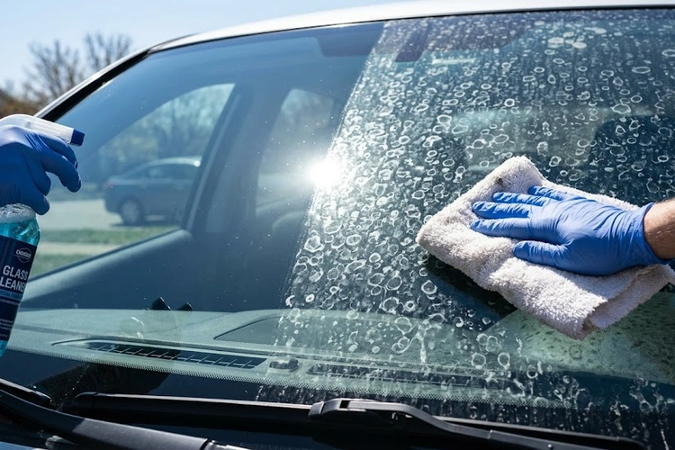Hard water stains on car windows showing white mineral deposit haze across windshield glass