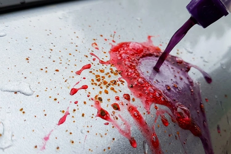 Close-up of iron fallout rust specks embedded in dark car paint before chemical decontamination treatment