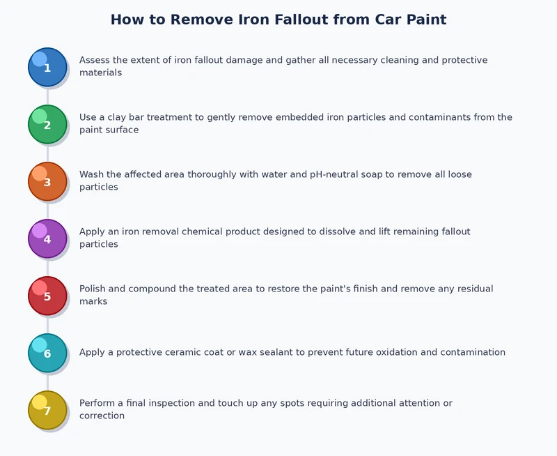 Step-by-step process diagram for removing iron fallout from car paint using chemical decontamination and clay bar