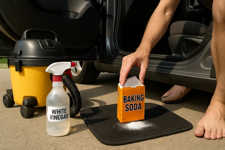 removing mildew smell from car interior with baking soda and cleaning supplies