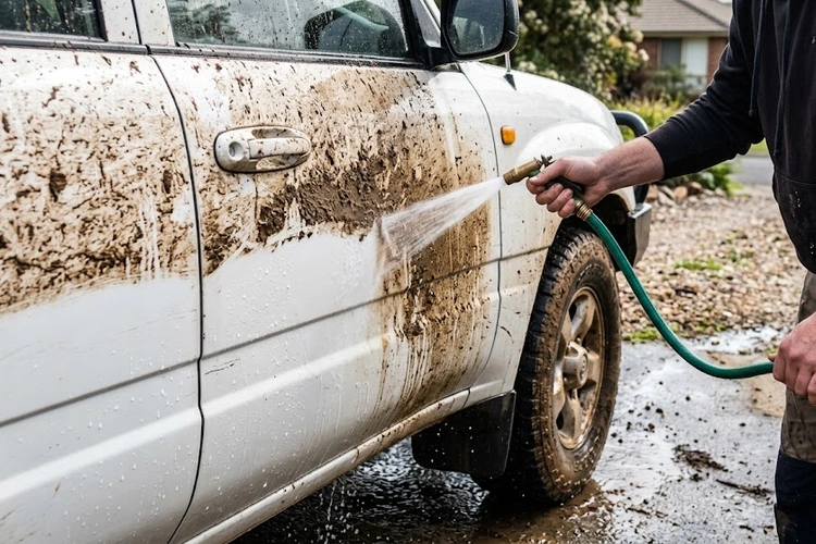 Removing mud stains from car paint using a controlled pre-soak technique before contact washing