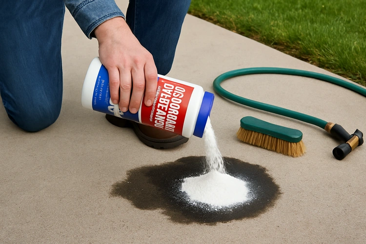 removing oil stains from concrete driveway with degreaser and scrub brush