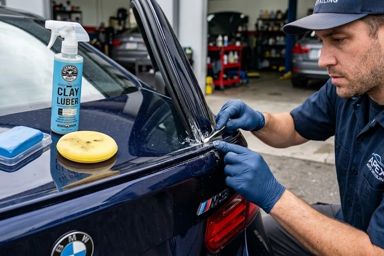 Removing old wax buildup from car paint using a clay bar and microfiber cloth