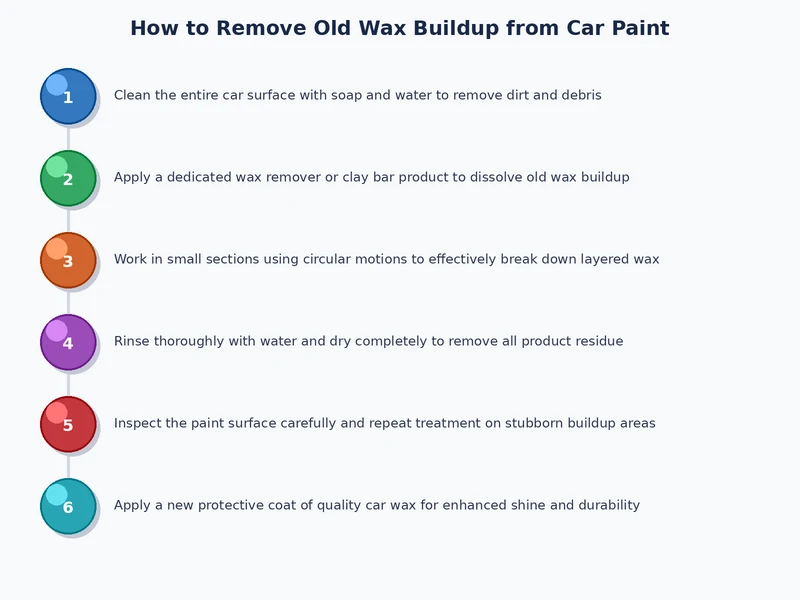 Step-by-step process diagram for removing old wax buildup from car paint — from pre-wash through clay bar to final IPA wipe