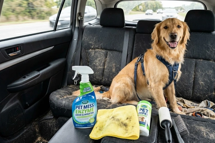 how to remove pet odor from car — enzymatic cleaner applied to fabric car seat upholstery
