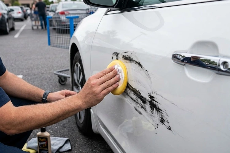close-up of rubber scuff mark on car door panel showing contamination on clear coat surface