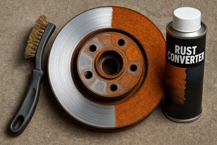 surface rust on brake rotors showing orange discoloration on rotor face