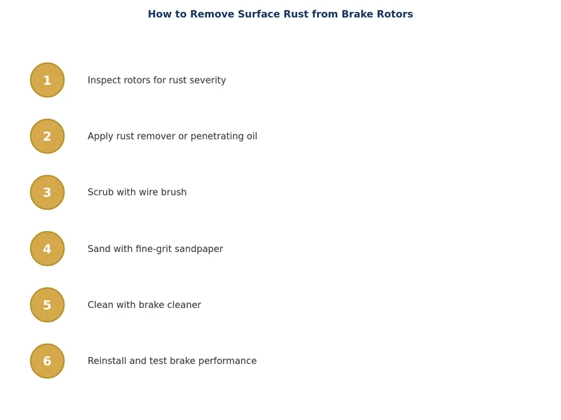 process diagram showing steps for removing rust from brake rotors with wire brush and brake cleaner