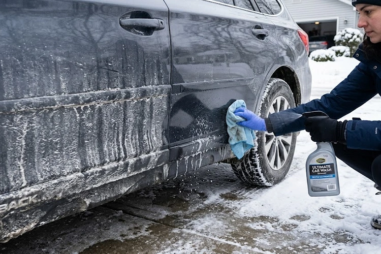 white salt stain deposits on dark car paint showing how to remove salt stains from car paint correctly