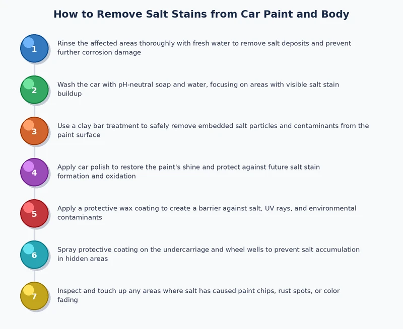 step by step process diagram showing how to remove salt stains from car paint with pre-rinse wash and protect steps