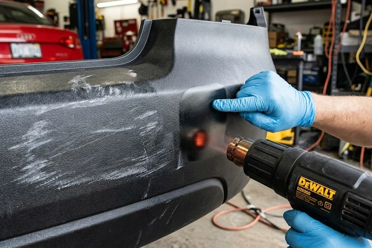 close-up of scratches on a plastic car bumper showing surface scuffs and color coat damage