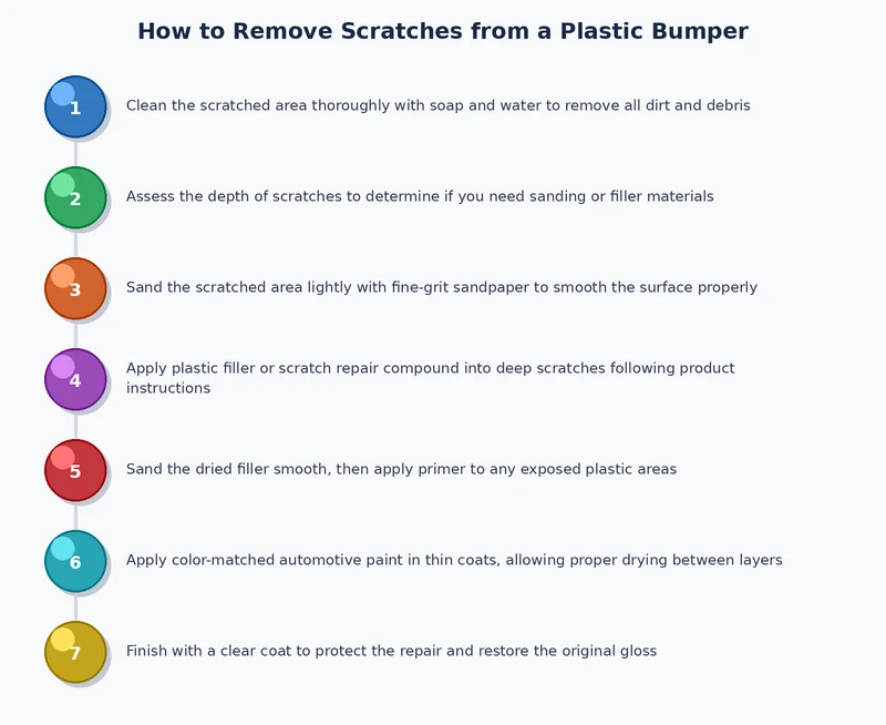 step-by-step process diagram for how to remove scratches from a plastic bumper from assessment through final polish