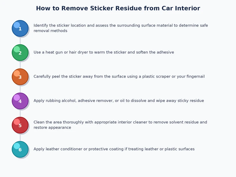 Step-by-step process diagram for removing sticker residue from car interior surfaces using heat softening and solvent application