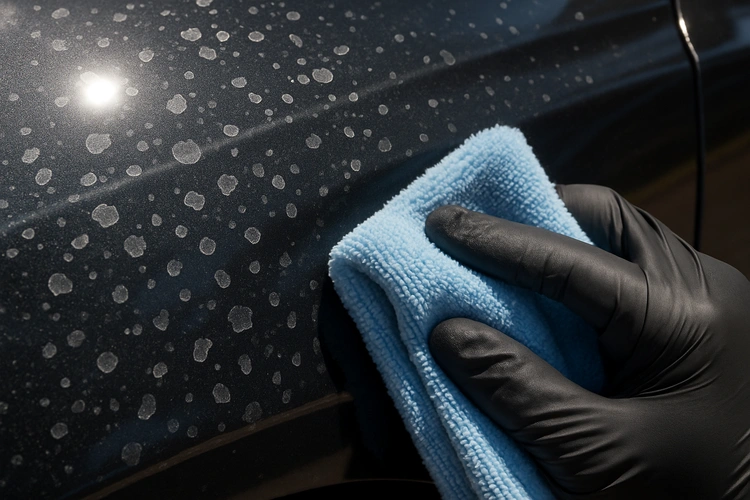 how to remove water spots from car paint using a microfiber cloth and detailing spray