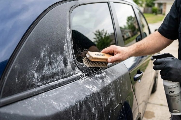 Chalky white car wax residue embedded in black plastic trim panels requiring removal