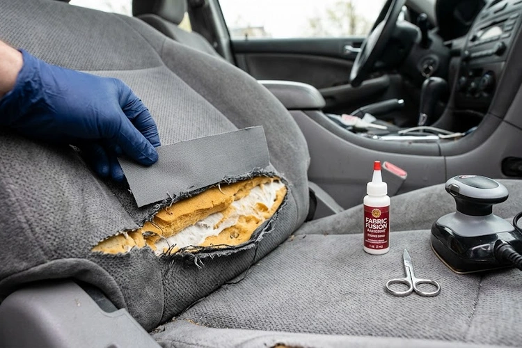 Close-up of torn car seat upholstery being repaired with a leather repair kit